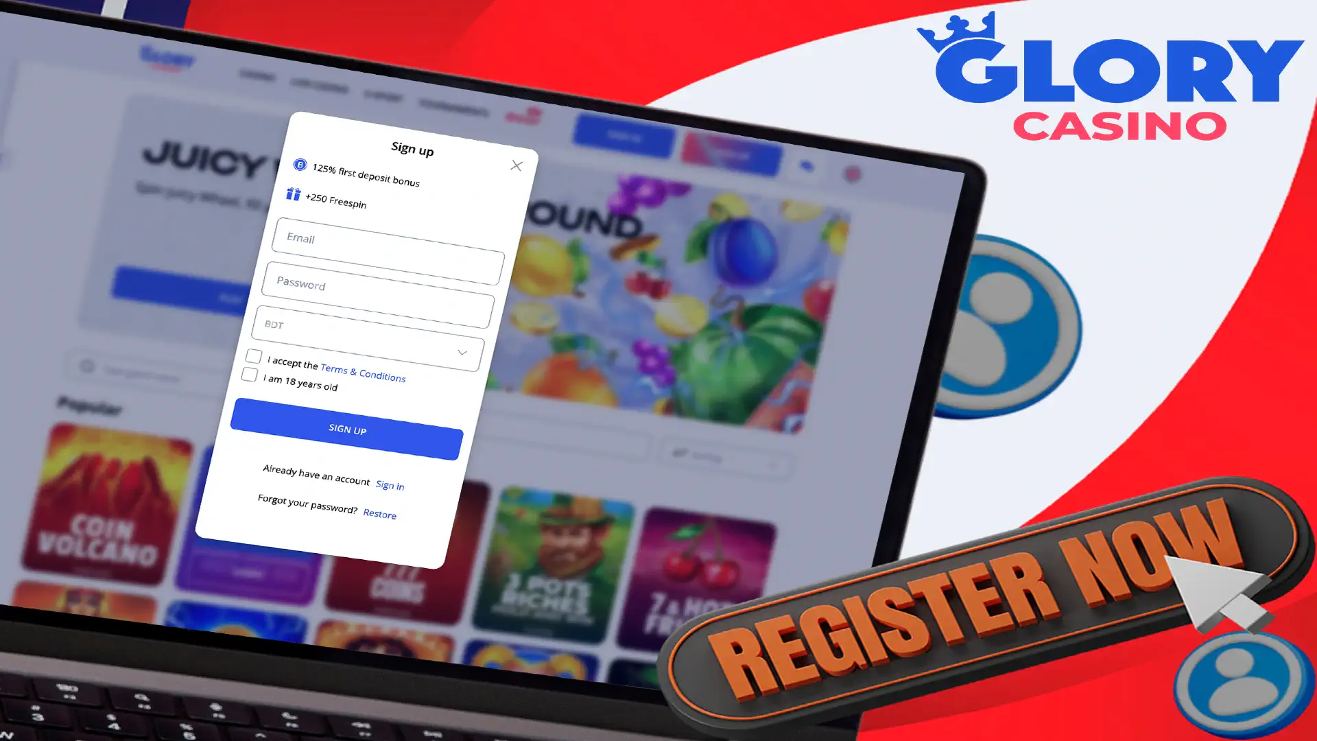 Registration at Glory Casino for players from Bangladesh